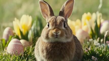 Fototapeta premium Brown Rabbit Portrait in a Green Grass Meadow with Yellow Flowers and Decorated Eggs.