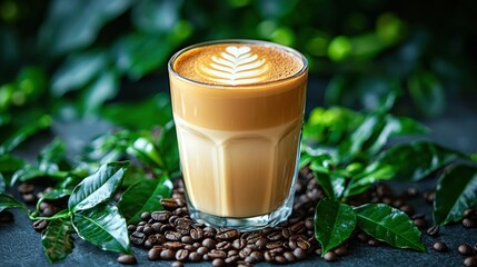 Latte art coffee in glass, surrounded by coffee beans and leaves, in a nature setting