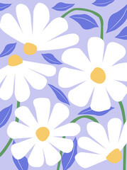 Fototapeta premium A seamless floral pattern featuring white daisies with yellow centers, green stems, and blue leaves on a soft lavender background. The modern, minimalist design conveys freshness, elegance, and natura