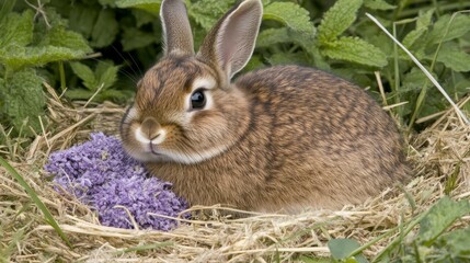 Fototapeta premium Brown Rabbit Relaxing in Nest Surrounded by Green Plants and Purple Flowers in Nature.