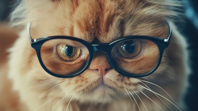 Cute Orange Cat with Glasses Looking Thoughtful and Intelligent