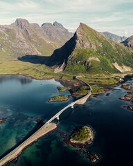 Aerial view of a scenic bridge in Lofoten, Norway.