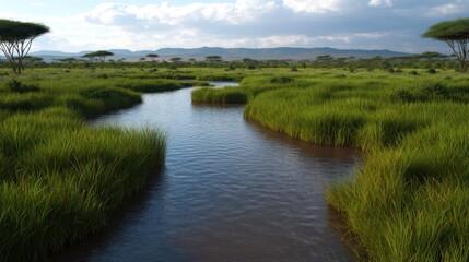 Obraz premium Serene river winding through lush green grasslands under a cloudy sky in a tranquil landscape