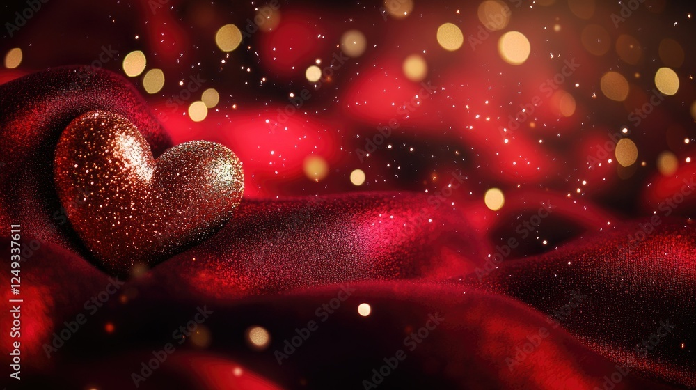 Poster glimmering heart on red satin with bokeh lights and sparkle effect