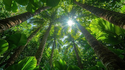 Naklejka premium Lush Tropical Canopy with Sunlight Filtering Through Vibrant Green Leaves