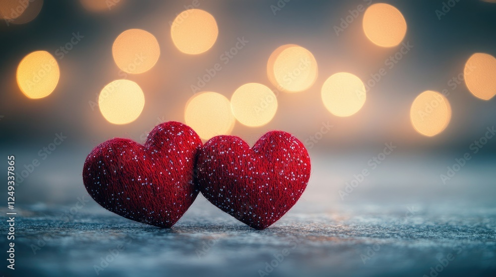 Poster red hearts with sparkles on soft background with blurred lights
