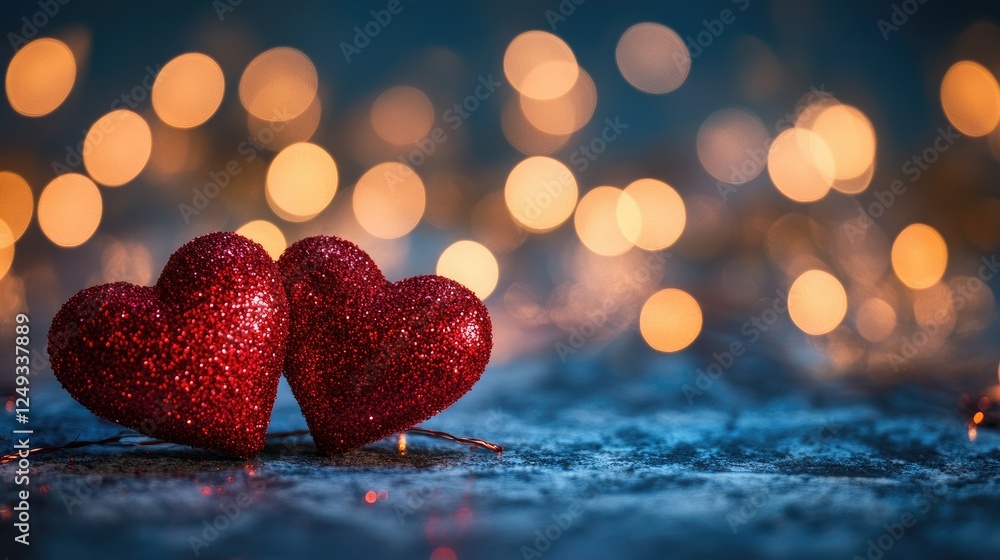 Poster two sparkling red hearts with glowing bokeh lights background