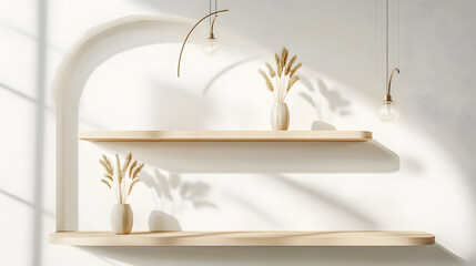 light wooden shelves on a white wall, front view