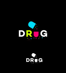 Obraz premium Creative logo concept for the word DRUG. Features an open capsule with particles forming the letter U. Includes colorful and monochrome versions on a black background.