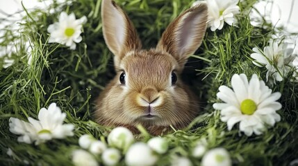 Obraz premium Brown Rabbit Surrounded By Green Grass And White Flowers Looking Directly Forward At Camera.