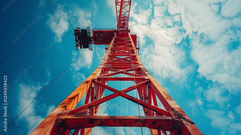 Aufkleber a large construction crane stands tall, its red structure contrasting against a vibrant blue sky. fl