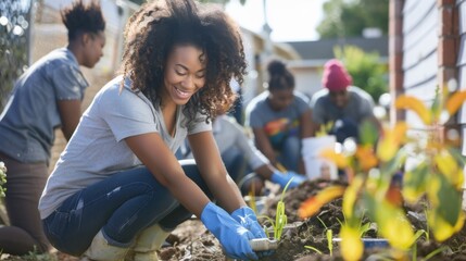 Businesswoman leading a community outreach program with volunteers working together on a project to improve the local area. Positive community impact.