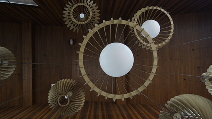 Chandelier with a large lamp and a transparent wooden shade