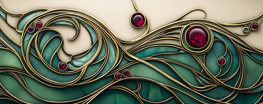 An elegant Art Nouveau design with flowing lines and rich jewel tones like emerald and ruby