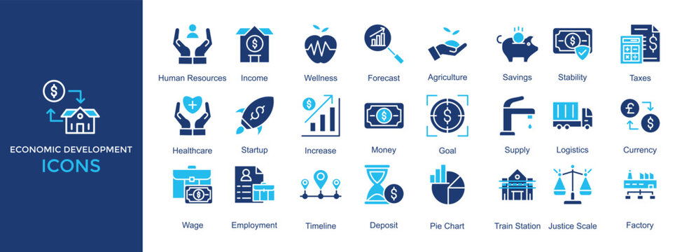 economic development icon set. with icon Human Resources,Income,Wellness,Forecast,Savings
