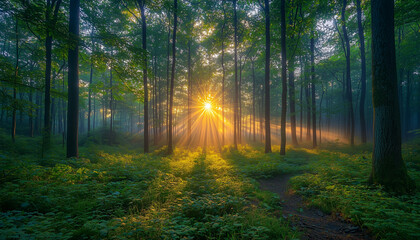 Naklejka premium A serene forest scene where sunlight beams through tall trees, creating a magical atmosphere. The mist and vibrant foliage enhance the tranquil setting.