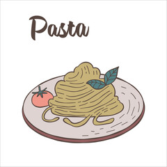 Pasta with basil, tomato and cheese on white background. Italian food. Dishes of Italian cuisine. Italian noodles and spaghetti