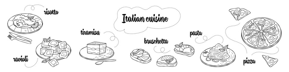 Dishes of Italian cuisine. Set of risotto, pizza, tiramisu, pasta, ravioli and bruschetta. Good for cookbook or menu, packaging, stickers, advertising. Italian food.