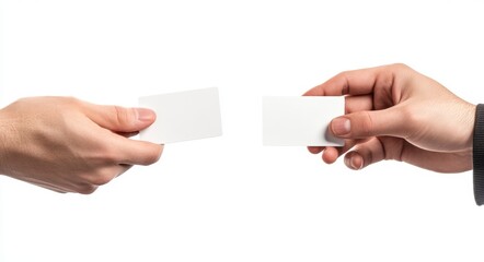 A close-up of two hands exchanging blank business cards, set against an isolated white background