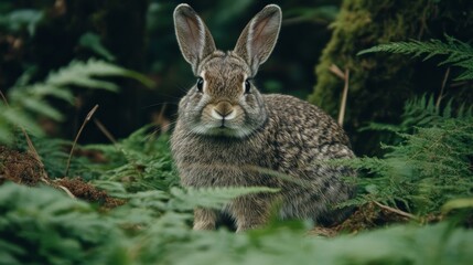Fototapeta premium Brown Wild Rabbit In Forest Floor Surrounded By Green Ferns With Moss On Tree Trunk Behind.