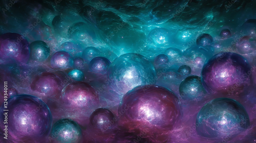 Poster bubbles in cosmic space forming a multiverse with many spheres and galactic clusters.