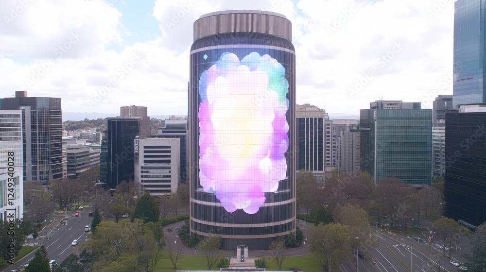Poster building displaying abstract colorful spheres in city landscape on overcast day from above.