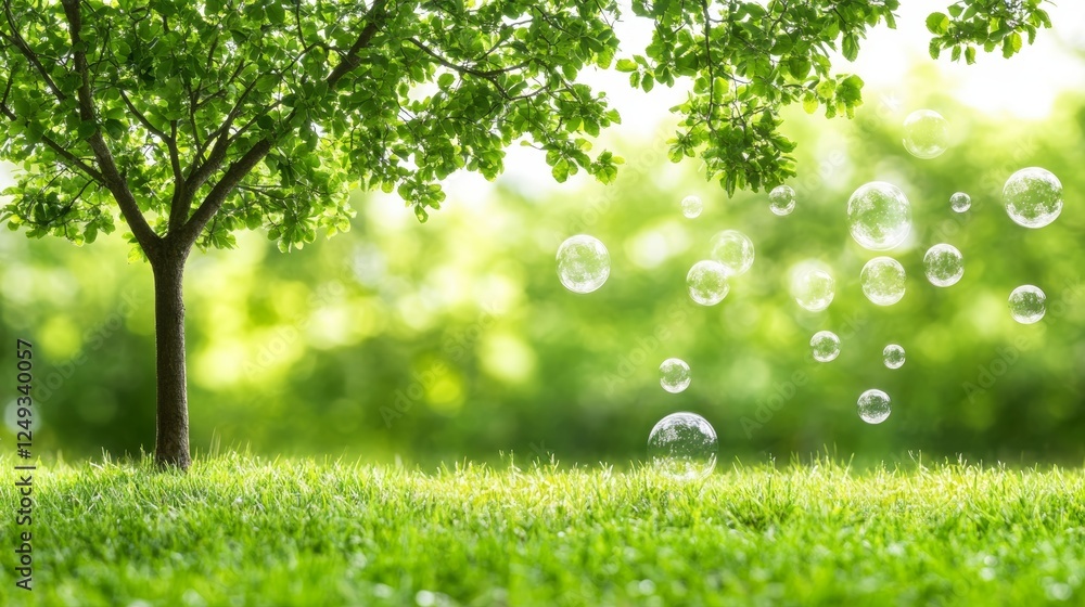 Poster bubbles float near tree in sunny meadow environment with green grass and bokeh background.