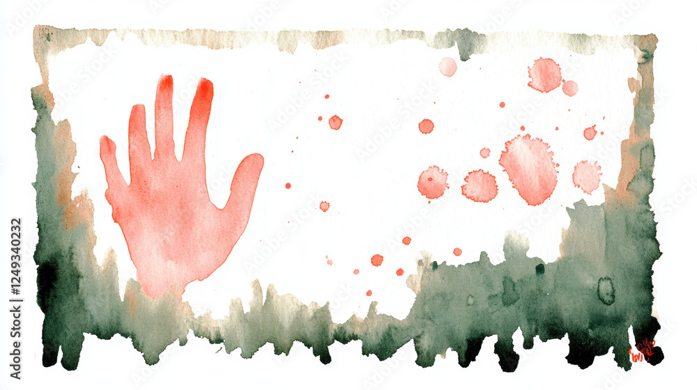 Poster serial killer, a mysterious red handprint on a fogged surface, captured in high fidelity, evokes int