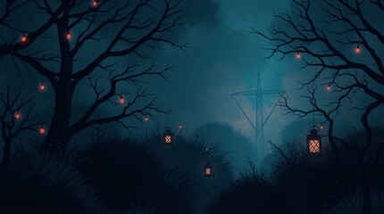 Eerie Night Forest Scene with Lanterns and Distant Transmission Tower
