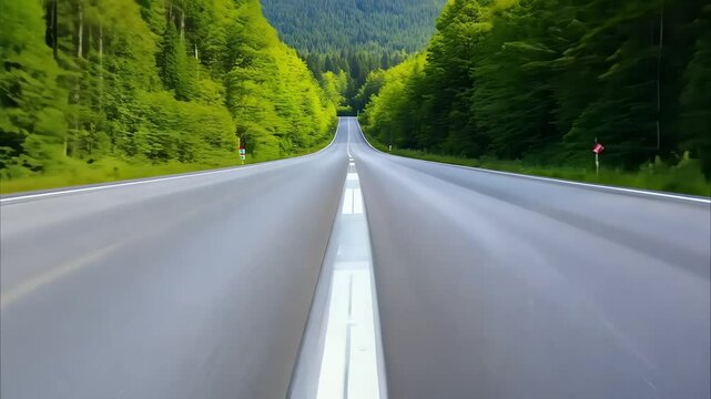 A smooth, empty road stretches through a lush green forest, leading into the distance against a backdrop of mountains.