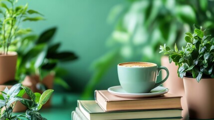 cozy coffee break with books and plants