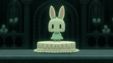 Bunny Figure on a Cake in a Dark Room with Architectural Elements and Decorative Eggs.