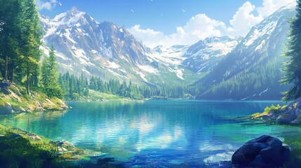 Stunning Mountain Lake with Vibrant Flora