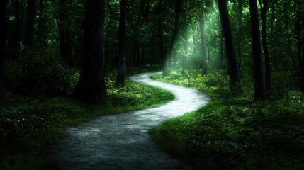 Fototapeta premium Serene winding path through a lush green forest illuminated by soft sunlight filtering through trees
