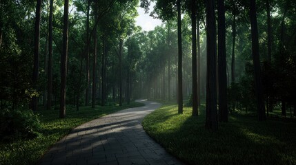 Obraz premium Serene forest path winding through lush greenery with soft sunlight filtering through trees
