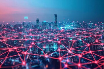 Urban Cityscape with Abstract Network Visualization at Night