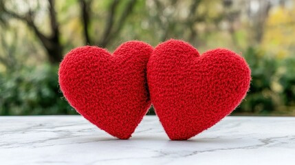 Two cozy red heart decorations sit together, symbolizing love and friendship, perfect for Valentine's Day or romantic settings.