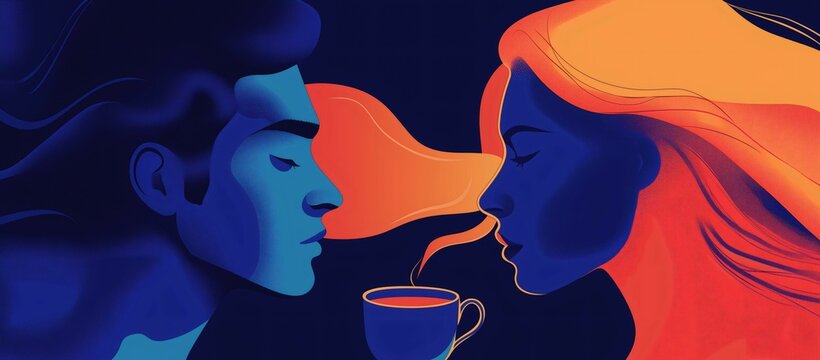 Intimate Connection: A vibrant and abstract illustration depicting a couple's connection.  The couple, outlined in contrasting blue and orange hues, gazes at one another with a sense of intimacy.
