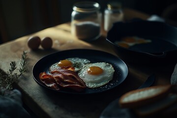 A delicious plate of fried eggs with bacon served with toasted bread, perfect for savory breakfasts. This meal brings comfort and satisfaction to your morning.