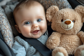 Generative AI illustration of a cute baby sitting in a car seat with a favorite teddy bear toy, smiling joyfully