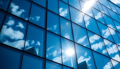 Fototapeta premium Modern glass building reflecting blue sky and clouds in its windows.