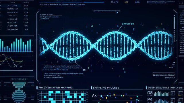 DNA Helix analysis visualization data, genome sequence ui screen, futuristic genetic engineering lab infographic interface, 3D biotechnology scan report dashboard, medical science technology backgound