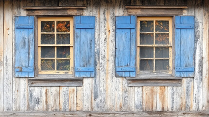 Fototapeta premium Rustic charm, weathered wood facade with blue shutters. Peaceful serenity