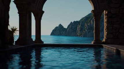 Serene coastal view from an ornate archway overlooking a tranquil pool and distant cliffs