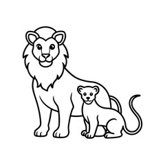 Lion and her cab line art vector illustration