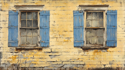 Weathered house facade two windows blue shutters aged paint rustic charm serene peaceful