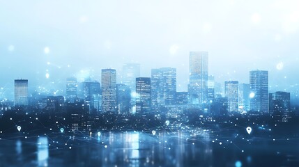 Fototapeta premium Futuristic City Skyline with Digital Network Overlay