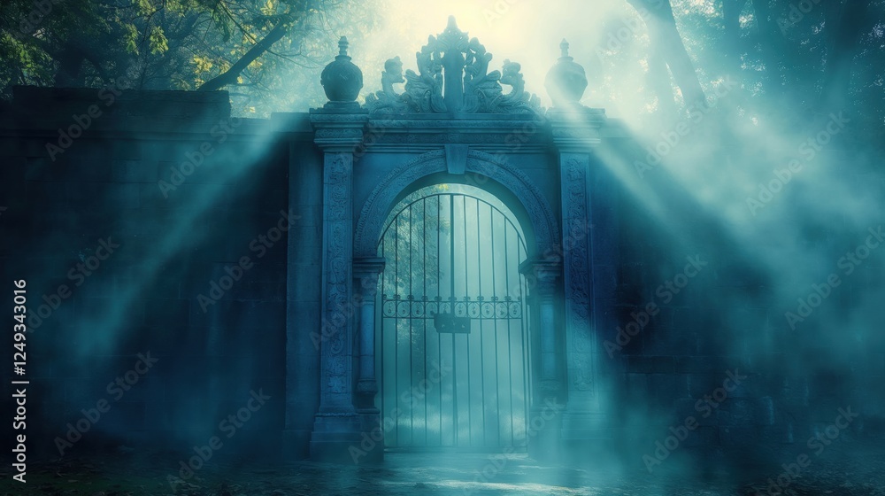 Wall mural a mysterious stone gate surrounded by fog and trees, creating an enchanting atmosphere.