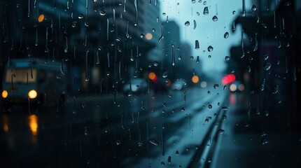 Rain Drops on Window with City Street and Traffic at Night