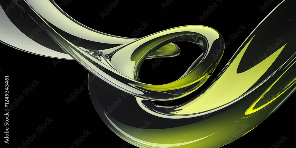 Poster a black background with an abstract design featuring flowing curves in transparent and green tones, 